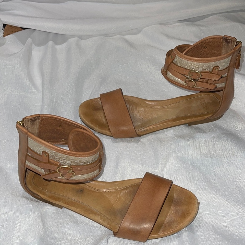 UGG Tan Leather Ankle-Strap Open-Toe Sandals with Metallic Accent